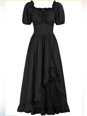 Black Cottagecore Milkmaid Dress Puff Sleeve Ruffle Midi Fairycore Witchy